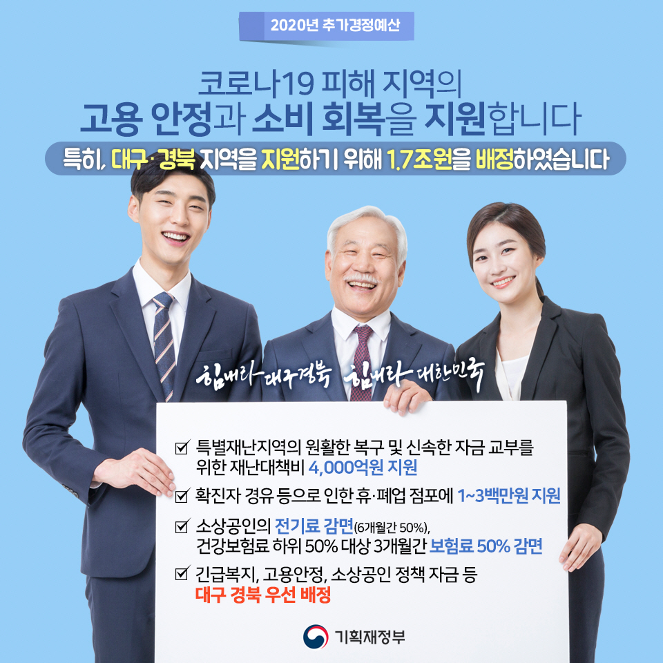 2020년 추가경정예산 - 코로나19 피해 지역의 고용 안정과 소비 회복을 지원합니다 1}