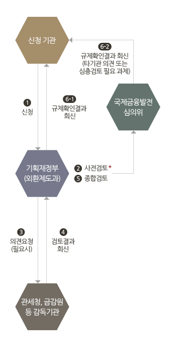 신청기관에 신청하면, 기획재정부(외환제도과)에서 사전검토를 한다. 관세청, 기획재정부(외환제도과)에서 금감원 등 감독기관에 의견요청(필요시)을 한 후 검토결과를 회신받는다. 기획재정부(외환제도과)에서 종합검토 후 국제금융발전 심의위에서 신청기관으로 규제확인결과 회신(타기관 의견 또는 심층검토 필요 과제)한다.