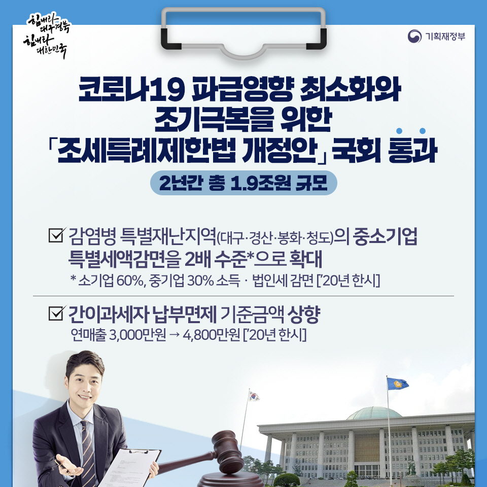 코로나19 파급영향 최소화와 조기극복을 위한 「조세특례제한법 개정안」 국회 통과 1}