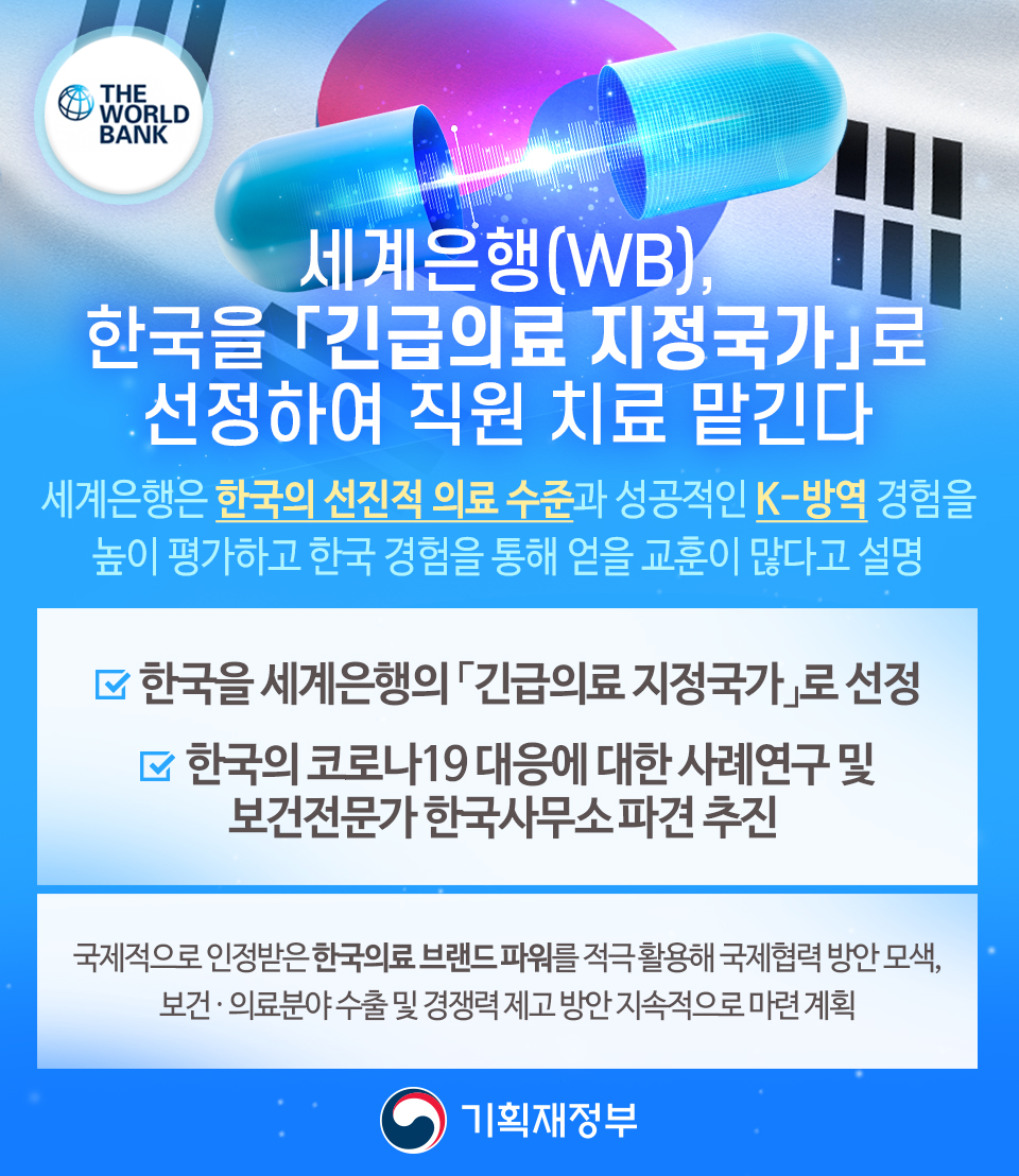 세계은행(WB), 한국을 「긴급의료 지정국가」로 선정하여 직원 치료 맡긴다 1}