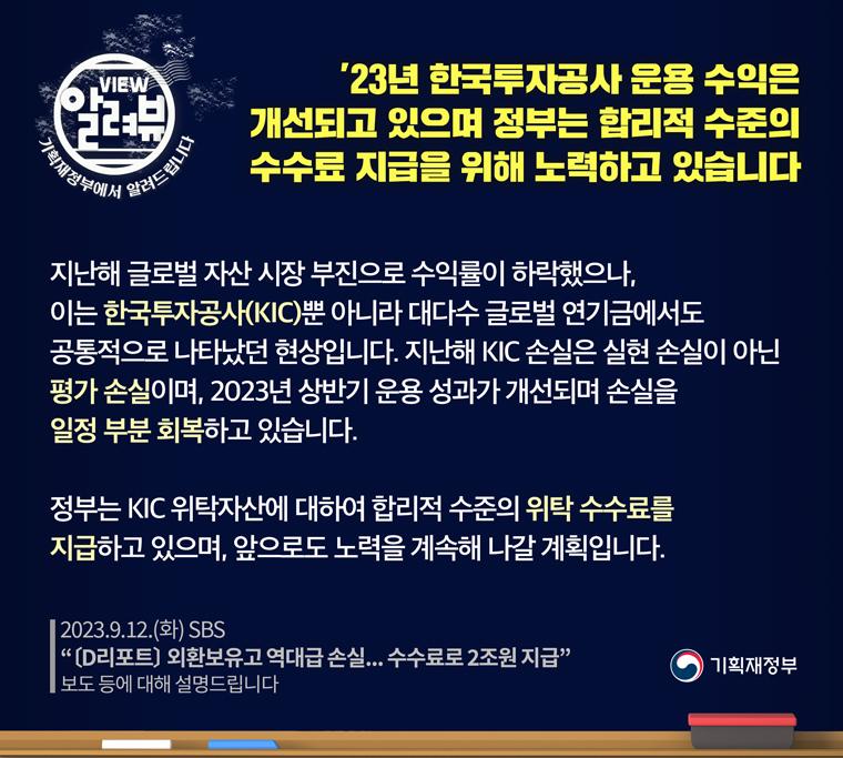 2023.9.12.(화) SBS '〔D리포트〕 외환보유고 역대급 손실... 수수료로 2조원 지급' 보도 등에 대해 설명해 드립니다.
’23년 들어 한국투자공사 운용 수익은 개선되고 있으며 정부는 합리적 수준의 수수료를 지급하기 위해 노력하고 있습니다.
지난해 글로벌 자산 시장 부진으로 수익률이 하락했으나, 이는 한국투자공사(KIC)뿐 아니라 대다수 글로벌 연기금에서도 공통적으로 나타났던 현상입니다. 지난해 KIC 손실은 실현 손실이 아닌 평가 손실이며, 2023년 상반기 운용 성과가 개선되며 손실을 일정 부분 회복하고 있습니다.
정부는 KIC 위탁자산에 대하여 합리적 수준의 위탁 수수료를 지급하고 있으며, 앞으로도 노력을 계속해 나갈 계획입니다.