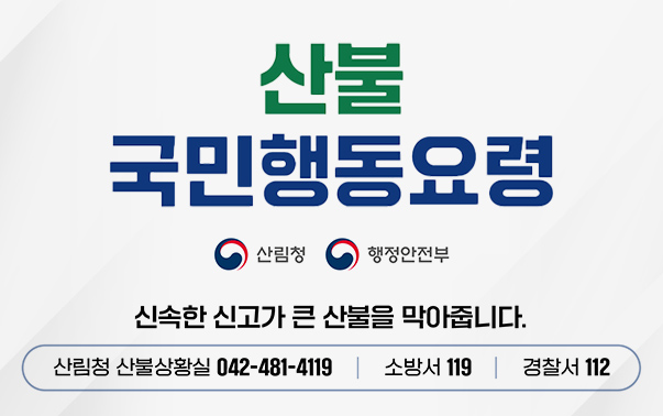 산불 국민행동요령
신속한 신고가 큰 산불을 막아줍니다.
산림청 산불상황실 042-481-4119, 소방서 119, 경찰서 112
산림청, 행정안전부