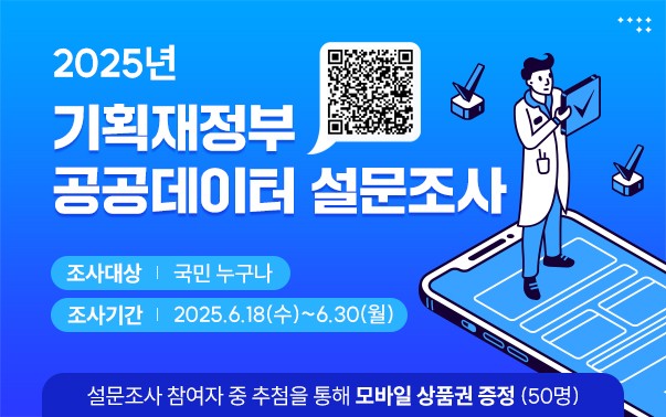 2025년 기획재정부 공공데이터 설문조사
- 조사대상 : 국민 누구나
- 조사기간 : 2025.6.18(수)~6.30(월)
설문조사 참여자 중 추첨을 통해 모바일 상품권 증정(50명)